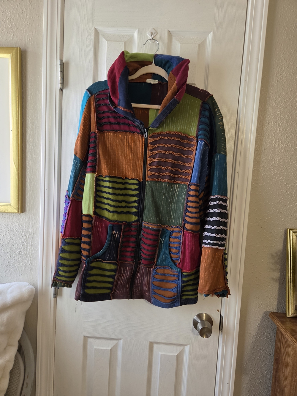 ​Earthbound Trading Co Women XL Patchwork Razor Cut Full Zip Hoodie Jacket Boho